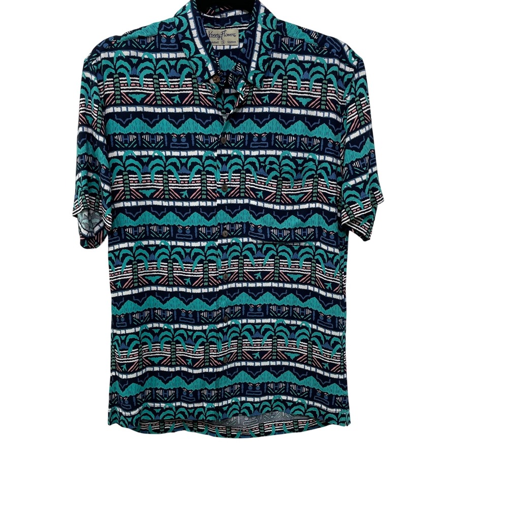 Kenny Flowers Teal Tropical Hawiian Palm Tree Rayon Button Down Shirt Aztec S